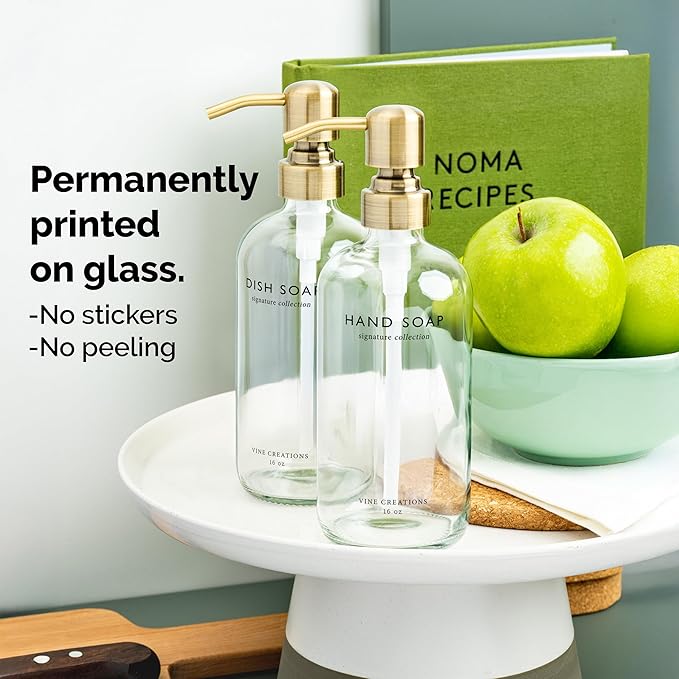 Vine Creations Clear Glass Soap Dispenser Set, Dish Soap and Hand Soap Dispenser Set with Stainless Steel Pump, 16 oz Glass Dispensers for Kitchen Bathroom Decor (Clear Bottle/Brushed Brass Pump)