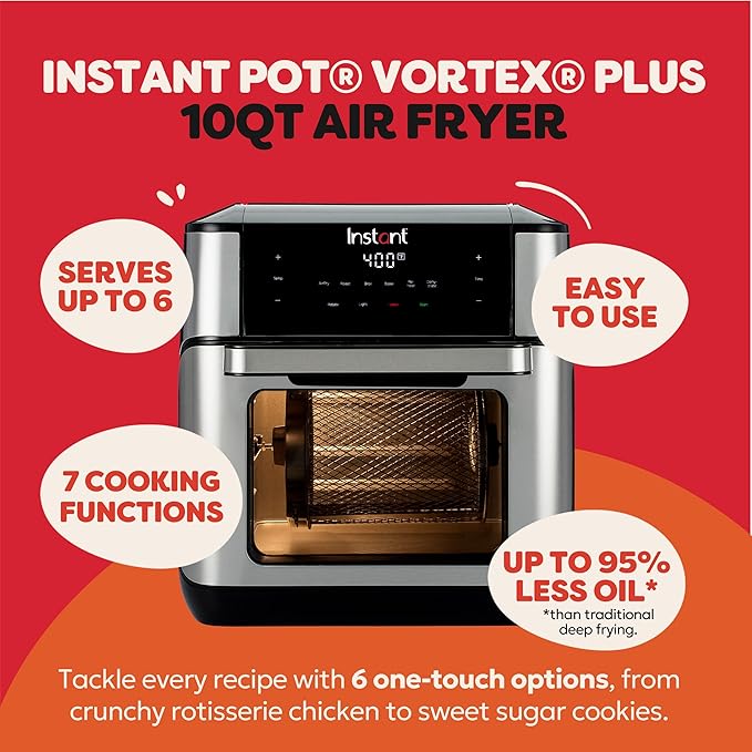Instant Pot 10QT Air Fryer, 7-in-1 Functions with EvenCrisp Technology that Crisps, Broils, Bakes, Roasts, Dehydrates, Reheats & Rotisseries, Includes over 100 In-App Recipes, Stainless Steel