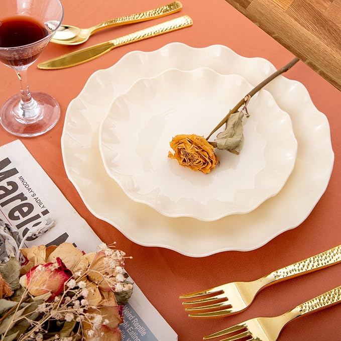 LIYH 24 Pcs Plastic Plates Reusable,Unbreakable Dinner Plates, Scalloped Plastic Plates, Dishwasher Safe,Ivory Plate Sets Perfect for Parties, Birthday, Picnics, BPA Free(12Guests)