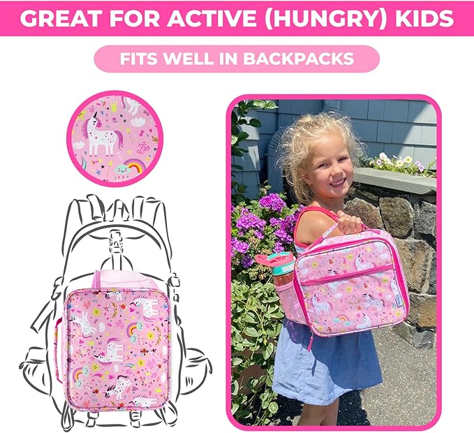 kinsho Bento Lunch Box with Insulated Bag and Water Bottle Set for Kids Toddlers, 4 Portion Sections, Removable Tray, Pre-School Girl Toddler Daycare Lunches, Snack Container, Pink Unicorn
