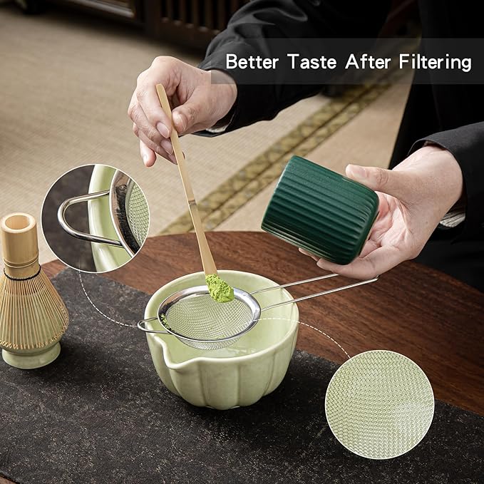 Matcha Whisk Set, Matcha Set Includes Ceramic Matcha Bowl, Bamboo Whisk, Scoop, Chasen Holder, Sifter, 5 Pcs Perfect Matcha Kit for Macha Lover (Mottled Green)