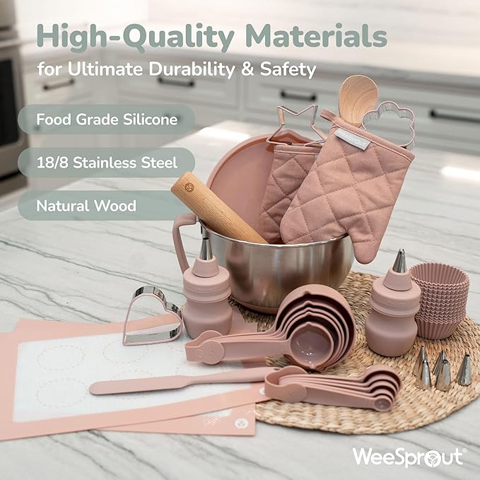 Ultimate Baking Kit for Kids - Kids Baking Set with Child Sized Utensils - Includes Apron, Oven Mitts, Silicone Mats & Liners - Perfect Cooking Set for Ages 8-12 - Gift for Children – Pink