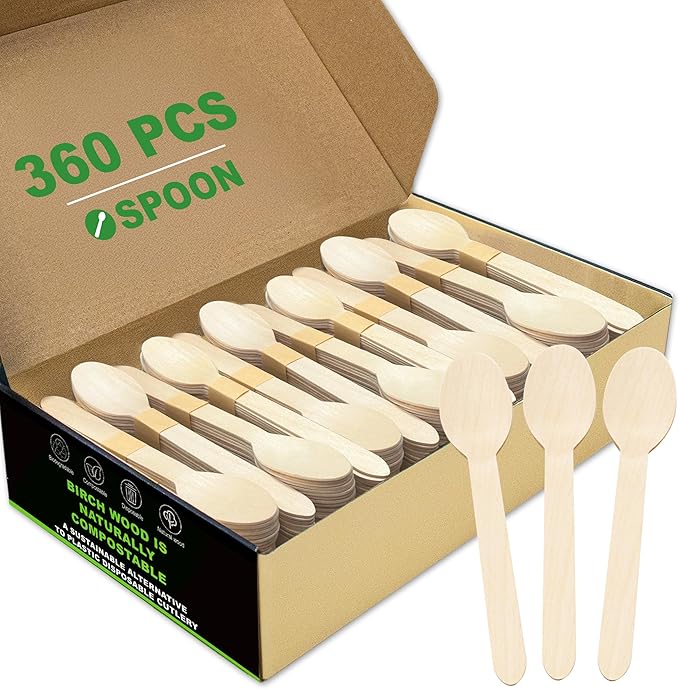 Disposable Wooden Spoons – 360 Pcs Wooden Compostable Spoons, Biodegradable Eco-Friendly Utensils Alternative to Plastic Cutlery for Parties, Weddings, Events & Camping