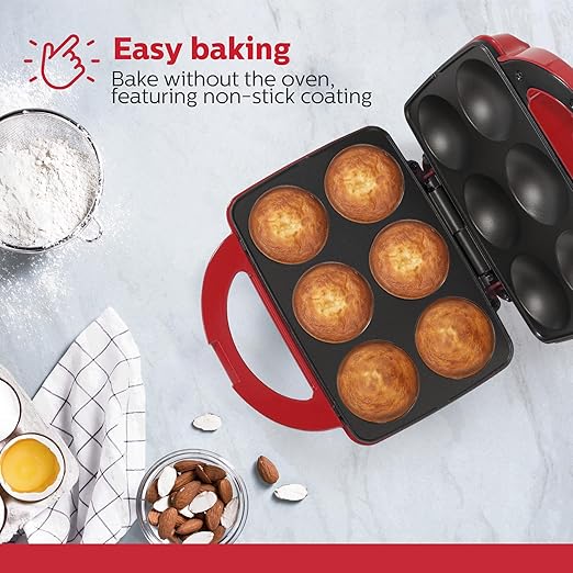 Holstein Housewares Non-Stick 6-Count Electric Cupcake Maker Machine – Bakes 6 Cupcakes, Muffins, Pizza Cups, Cinnamon Buns – Perfect for Gifts, Birthdays, Holidays, or Bake Sales, Red
