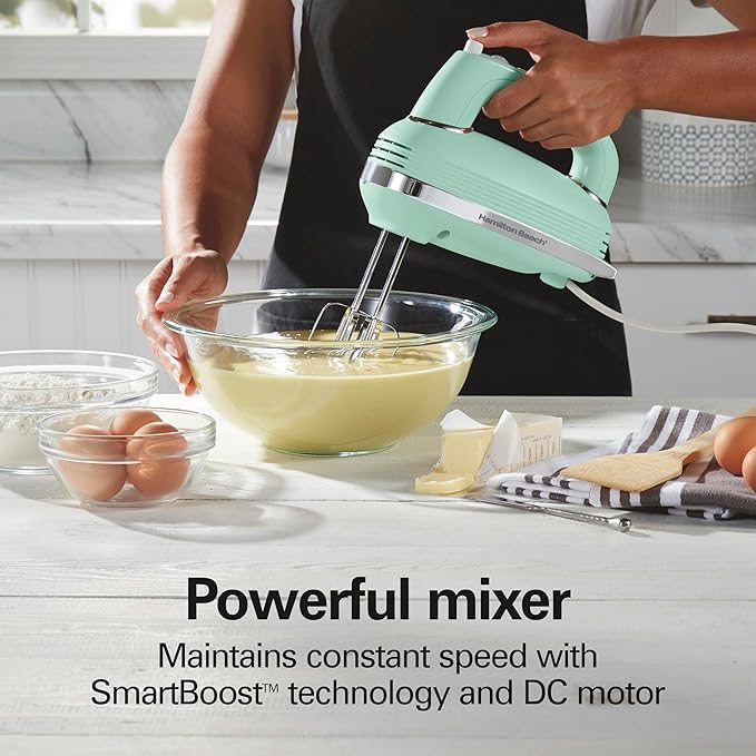 Hamilton Beach Vintage-Style 5-Speed Electric Hand Mixer, Powerful 1.3 Amp DC Motor for Effortless Mixing & Consistent Speed in Thick Ingredients, Slow Start, Beaters and Whisk, Green (62601N)