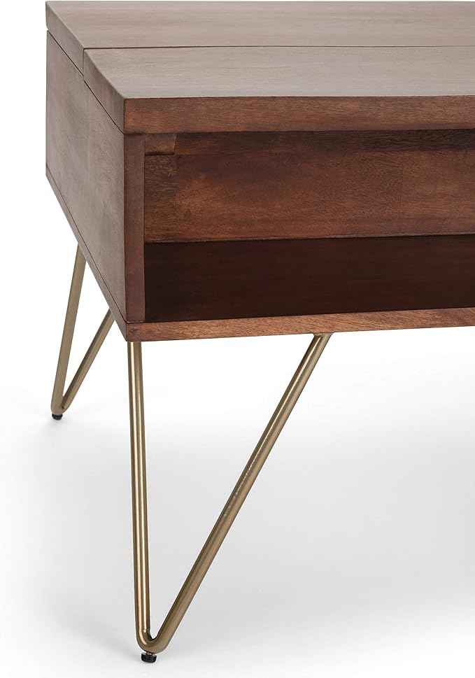 SIMPLIHOME Hunter Lift Top Coffee Table - 48 inch Wide Solid Mango Wood and Metal Industrial Cocktail Table in Umber Brown, Functional Living Room Table with 2 Storage Cubbies and Hairpin Legs