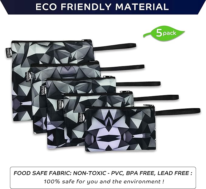 Nordic By Nature Reusable Sandwich Bag Snack Bags - Value Pack of 5 Dual Layer Lunch Baggies - Dishwasher Safe - Eco Friendly Cloth Wraps - Easy Open Zipper (Black Mosaic)
