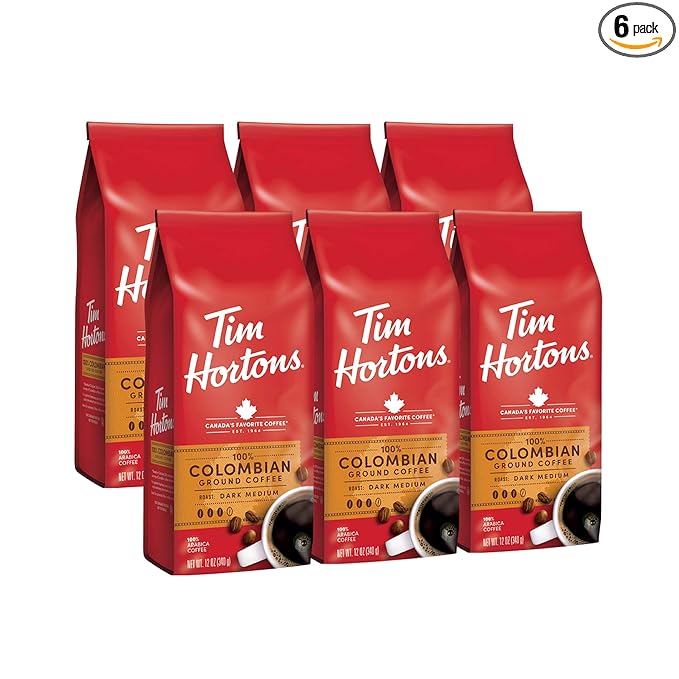 Tim Hortons Colombian, Medium-Dark Roast Ground Coffee, Perfectly Balanced, Always Smooth, Made with 100% Arabica Beans, 12 Ounce (Pack of 6)