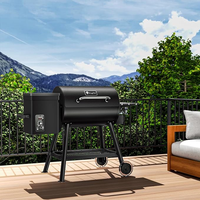KingChii Electric Wood Pellet Grill & Smoker with Side Shelf, 456 SQ.IN Grill Capacity, with PID Temperature Control (180-425°F) for Backyard Camping Bake and Roast, Black with Cover