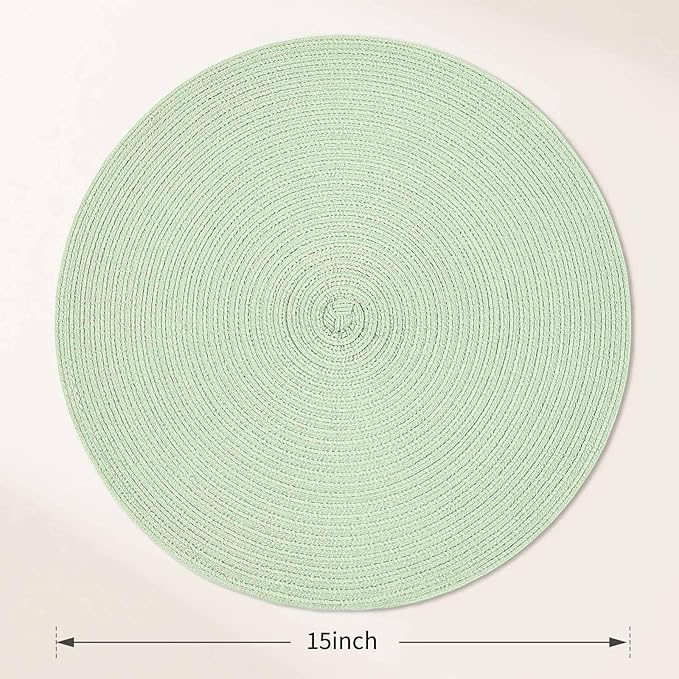 FunWheat Round Braided Placemats Set of 6 Place mats for Dining Tables Woven Heat Resistant Table Mats 15 inch (Mint Green)