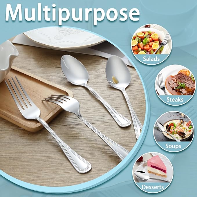 24 PCS Spoons and Forks Set, Food Grade Stainless Steel with Pearl Dot Design Handle Silverware Set, Mirror Polished Dishwasher Safe, Silverware Forks and Spoons for Home or Restaurant