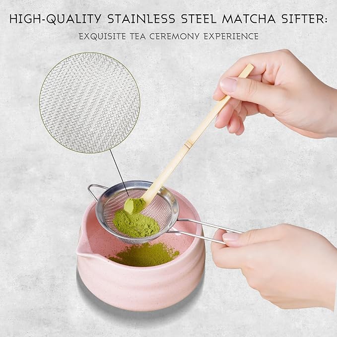Matcha Whisk Set, 8-Piece Pink Matcha Set with Ceramic Bowl, Bamboo Whisk, Sifter, Large Mat and More – Complete Matcha Kit with Gift Box for Matcha Lovers