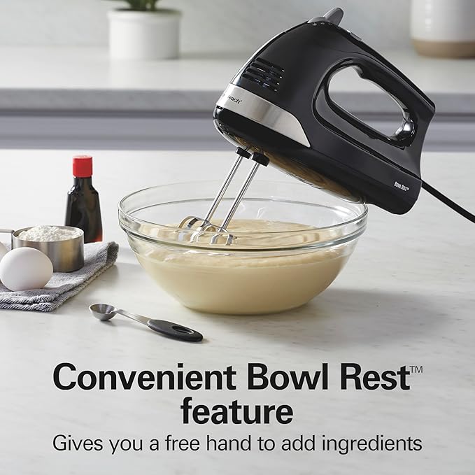 Hamilton Beach 6-Speed Electric Hand Mixer with Whisk, Dough Hooks and Easy Clean Beaters, Powerful 275 Watt Motor, Snap-On Storage Case, Black