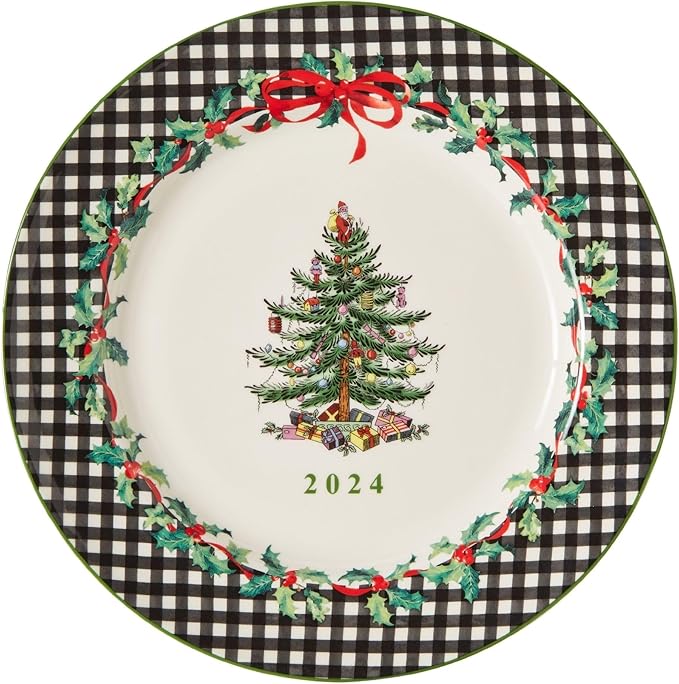 Spode Christmas Tree 2024 Annual Collector Plate - Exclusive Border with Red Ribbon & Black Check, Seasonal Display or Holiday Tableware Use, 8" Porcelain - Great Holiday Gift