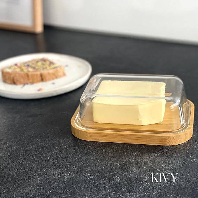 KIVY Large Butter Dish with Lid - Fits 2 Butter Sticks and Wider Sizes (Kerrygold, European Styles, Eastern, Western) - 2 Stick Butter Dish - Glass & Bamboo
