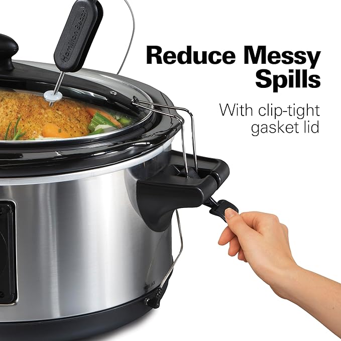 Hamilton Beach Portable 6 Quart Set & Forget Digital Programmable Slow Cooker with Lid Lock, Temperature Probe, Dishwasher Safe Crock & Lid, Stainless Steel (33969A)