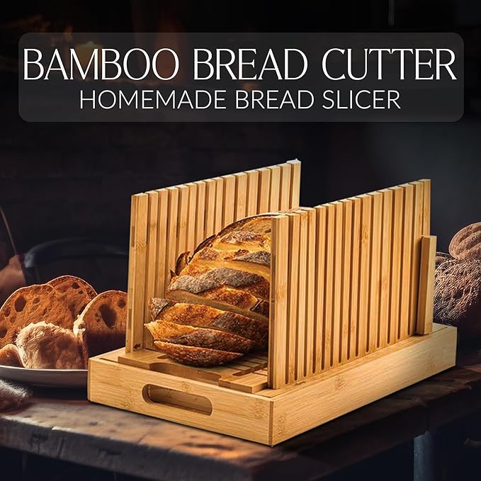 Bamboo Bread Slicer with High-Grade Stainless Steel Knife – Adjustable Wooden Bread Cutter Guide with Crumb Tray, Brush & Pouch | Manual Bread Slicer for Homemade Bread, Sourdough, Loaf, Cakes