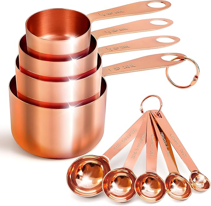 Measuring Cups and Spoons Set of 9, Utensils for Dry and Liquid Ingredients, Copper Kitchen Accessories, Rose Copper Decor for Home, Stackable, Sturdy Stainless Steel