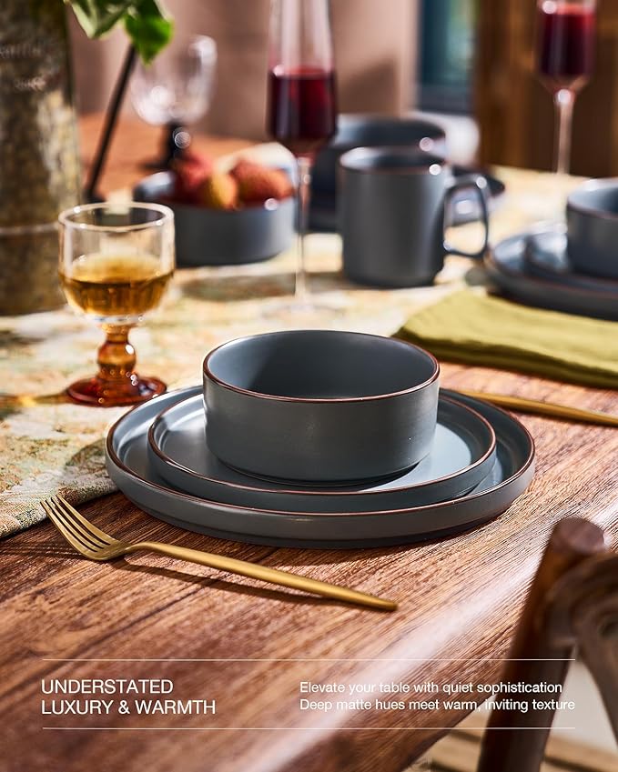 Famiware Nebula Ridge Stoneware Dinnerware Sets, Plates and Bowls Sets for 4, 12 Pieces Dishes Set, Microwave and Dishwasher Safe Kitchen Plates, Charcoal