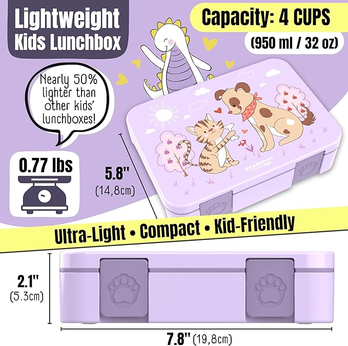 BEARFOOT Kids Lunch Box with Compartments – Compact & Lightweight | Leak-Proof, BPA-Free, Dishwasher & Microwave Safe | Hand-Drawn Design for Preschool, School, Travel (Dog & Cat Purple, 4 Cups)