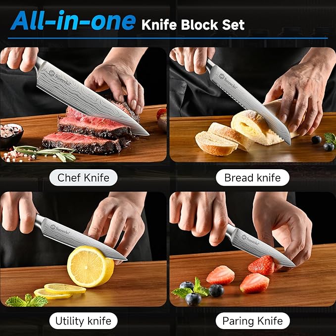 Sunnecko Knife Set with Block and Sharpener, 15 PCS Kitchen Knife Block Set Sharp Kitchen Knives High Carbon Stainless Steel with Pakkawood Handles
