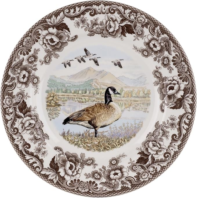 Spode Woodland Canadian Goose Dinner Plate - 10.5 Inch Fine Earthenware with British Flowers Border, Microwave, Oven, Freezer & Dishwasher Safe - Hunting-Inspired Thanksgiving Plate, Made in England