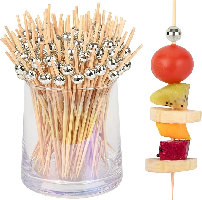 300 PCS Cocktail Picks Disco Ball Decor, Fancy Toothpicks for Appetizers, Bamboo Skewers for Appetizers,Drinks, Fruits, Disco Party Decorations. 4.7 Inch Long Silver Wooden Cocktail Sticks…