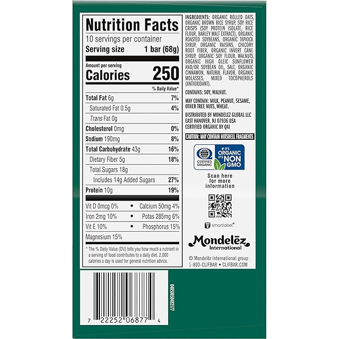 CLIF BAR - Energy Protein Bars - Oatmeal Raisin Walnut - Made with Organic Oats - Energy Bars - Non-GMO - (10 Pack)