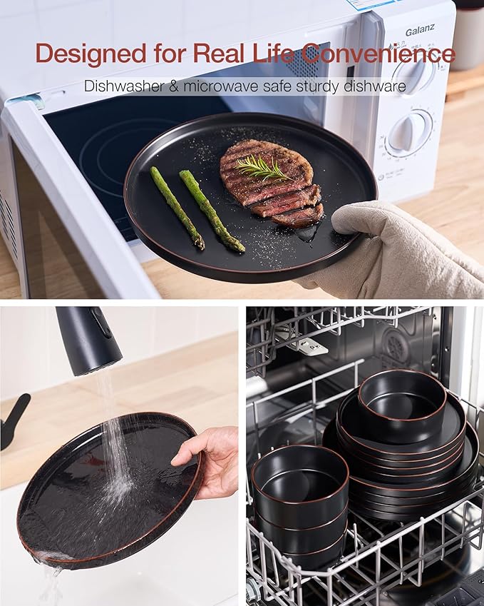 Famiware Nebula Ridge Stoneware Dinnerware Sets, Plates and Bowls Sets for 4, 12 Pieces Dishes Set, Microwave and Dishwasher Safe Kitchen Plates, Matte Black