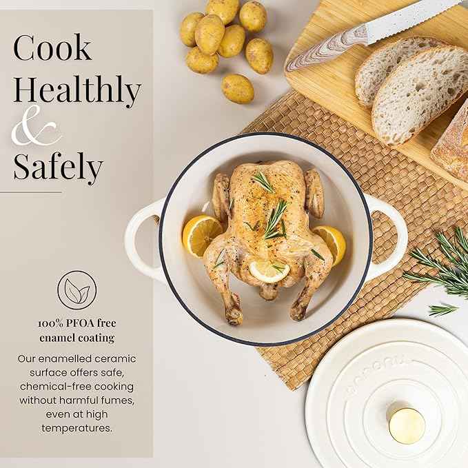 Cast Iron Pot with Lid – Non-Stick Ovenproof Enamelled Casserole Pot, Oven Safe up to 500° F – Sturdy Dutch Oven Cookware – Cream, 5-Quart, 24cm – by Nuovva