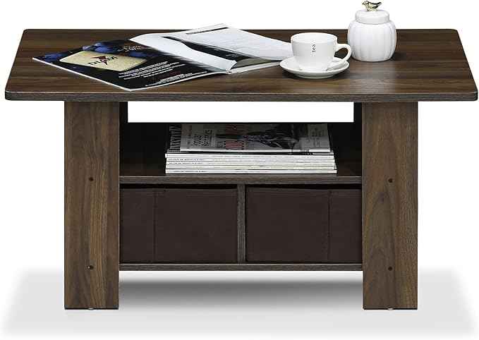 Furinno Andrey Coffee Table with Bin Drawer, Columbia Walnut/Dark Brown