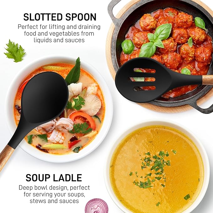 Zulay Kitchen Non-Stick Cooking Utensils Set with Authentic Acacia Wood Handles – 5-Piece Durable & Stylish Silicone Kitchen Utensils Set – Heat Resistant to 464°F – Black