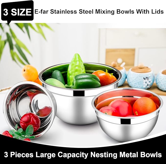 E-far Mixing Bowls with Lids, 6-Piece Stainless Steel Salad Bowls Metal Nesting Bowls for Baking Cooking and Prepping, Airtight Lids & Stackable Design, Size 4.5, 3, 1.5 QT (Black)