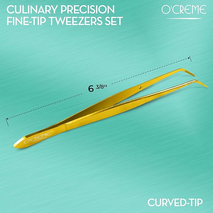 O'Creme Curved Tweezers 6.25 Inch Fine-Point Stainless Steel, Gold