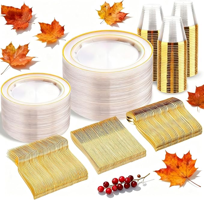 bUCLA 300Pcs Clear Gold Plastic Disposable Dinnerware Set - Clear Plates with Gold Trim Include 50 Dinner / 50 Dessert Plates,50 Cups,150 Plastic Silverware Set for Party, Fall & Thanksgiving
