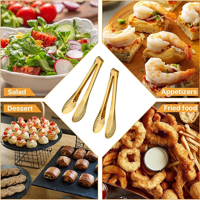 8 PCS Serving Tongs 9 Inch, Gold Tongs for Serving Food, Stainless Steel Tongs for Serving, Serving Utensils Cooking Clips for Buffet, Appetizer, Dessert, Parties
