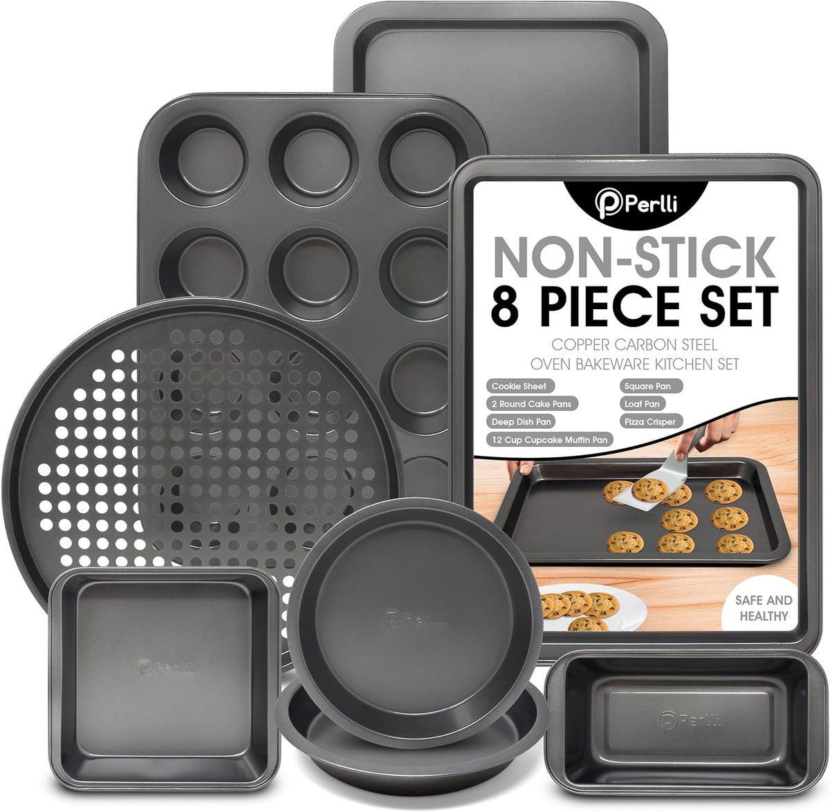 Perlli Baking Pan 8 Piece Set Nonstick Carbon Steel Gray Oven Safe Bakeware Kitchen Set, Cookie Sheet, 2 Round Cake Pans, Square Pan, Loaf Pan, Deep Dish Pan, Pizza Crisper, & 12 Cup Muffin Pan