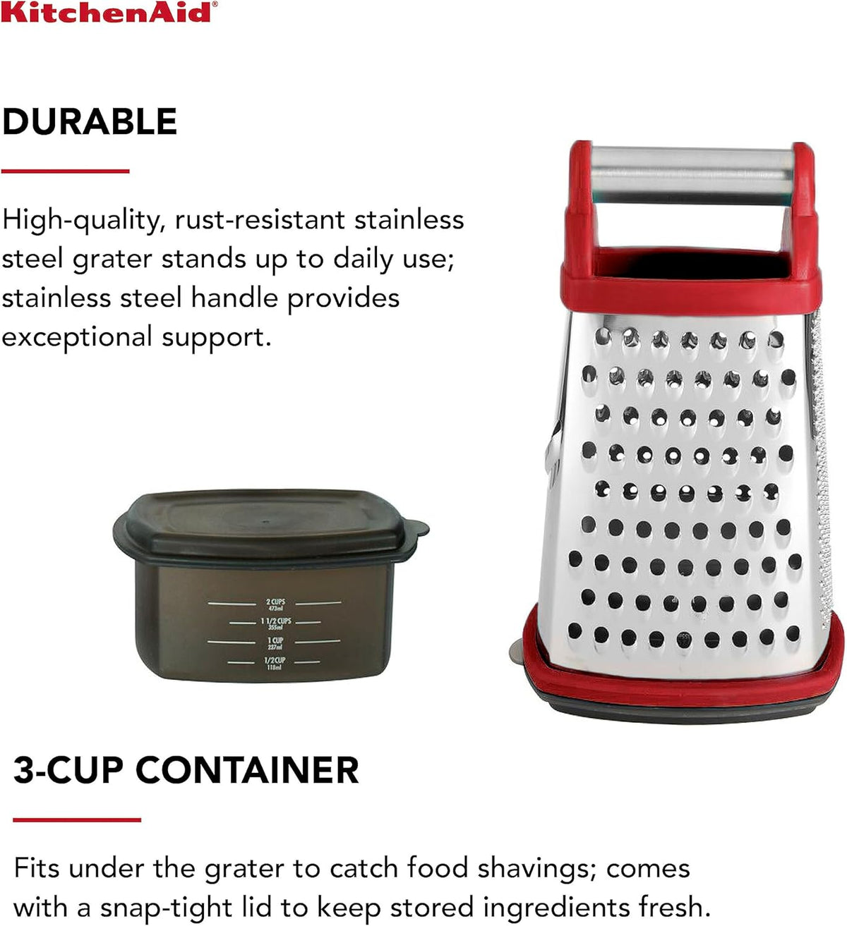 KitchenAid Gourmet 4-Sided Stainless Steel Box Grater for Fine, Medium and Coarse Grate, and Slicing, Detachable 3 Cup Storage Container and Measurment Markings, Dishwasher Safe, 10 inch, Red