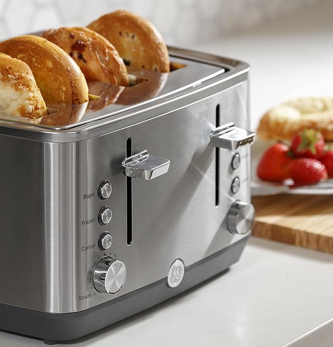 GE Stainless Steel 4 Slice Toaster | Extra Wide Slots for Bagels, Breads, Waffles & More | 7 Shade Options | Countertop Kitchen Essentials | 1500 watt