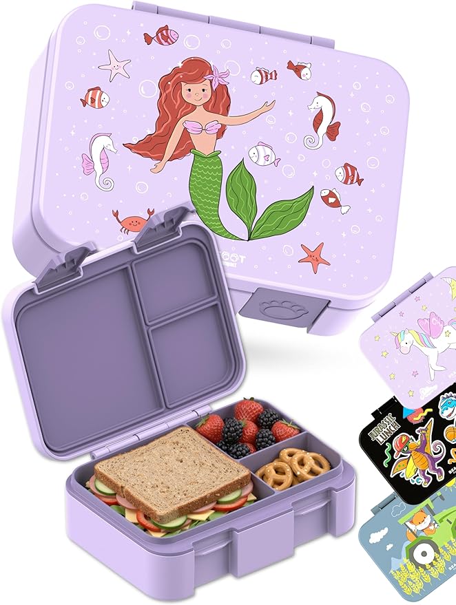 BEARFOOT Kids Lunch Box with Compartments – Compact & Lightweight | Leak-Proof, BPA-Free, Dishwasher & Microwave Safe | Hand-Drawn Design for Preschool, School, Travel (Mermaid Purple, 2.75 Cups)
