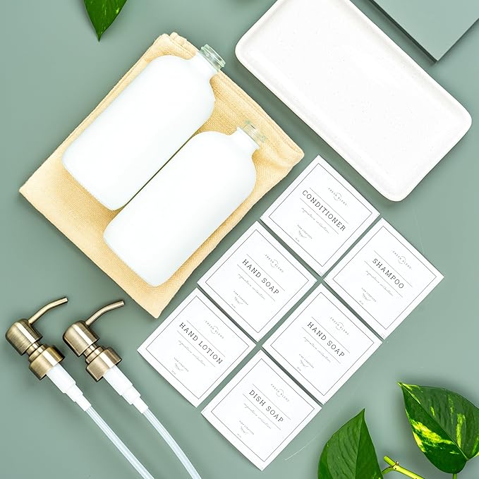 Vine Creations Glass Soap Dispenser, 2 Pack Kitchen Soap Dispenser Set with Ceramic Tray, Stainless Steel Pump, Dish Soap and Hand Soap Dispensers for Bathroom or Kitchen Decor with Waterproof Labels