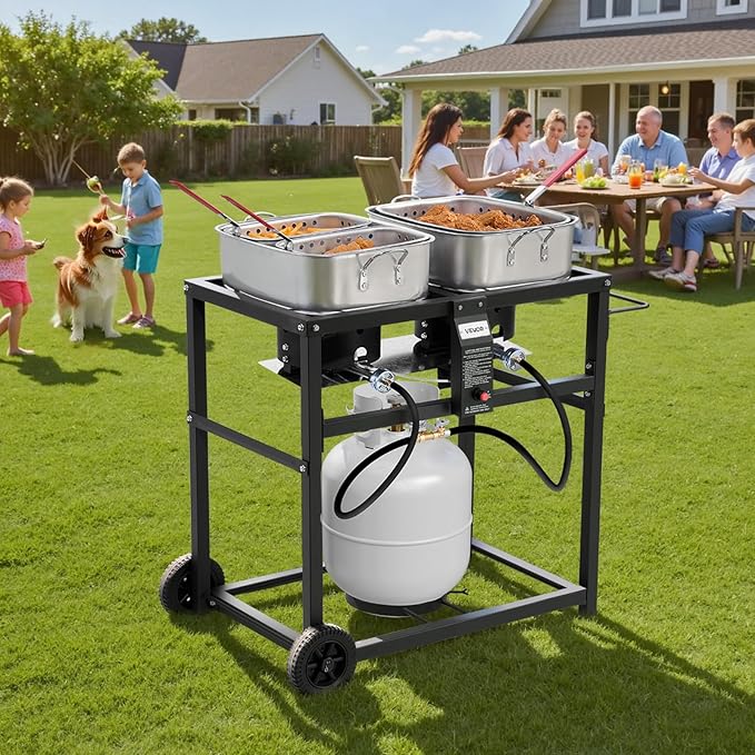 VEVOR Outdoor Propane Deep Fryer, Dual-Tank 18QTx2 Commercial Fryer, Multi-Purpose Portable Frying Cart with Wheel, 3 Basket, 2 Thermometer, Stainless Steel Cooker for Fish Fry Wings Fries, 40,000 BTU