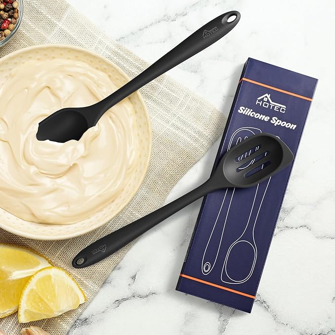 HOTEC Heat Resistant Silicone Cooking Spoon Spatula, Large Kitchen Solid and Slotted Spoons for Mixing, Serving, Scraping, Non-stick, Dishwasher Safe Black 12.5inch