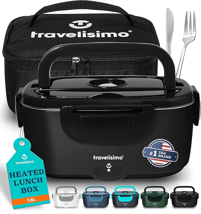 TRAVELISIMO Electric Lunch Box for Adults 100W Heated Lunch Box For Men 1.5L Stainless Steel Portable Food Warmer, 12/24/110V for Travel & Work, Loncheras Electricas Para Calentar almuerzo