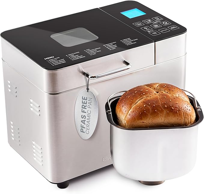 Elite Gourmet Programmable 2-Lb Bread Maker, PFAS Free Ceramic Ceralast™ Pan, Touch Screen Control Panel, 19 Functions, Gluten Free, White, Wheat, Rye & More, 3 Loaf Sizes, Stainless Steel
