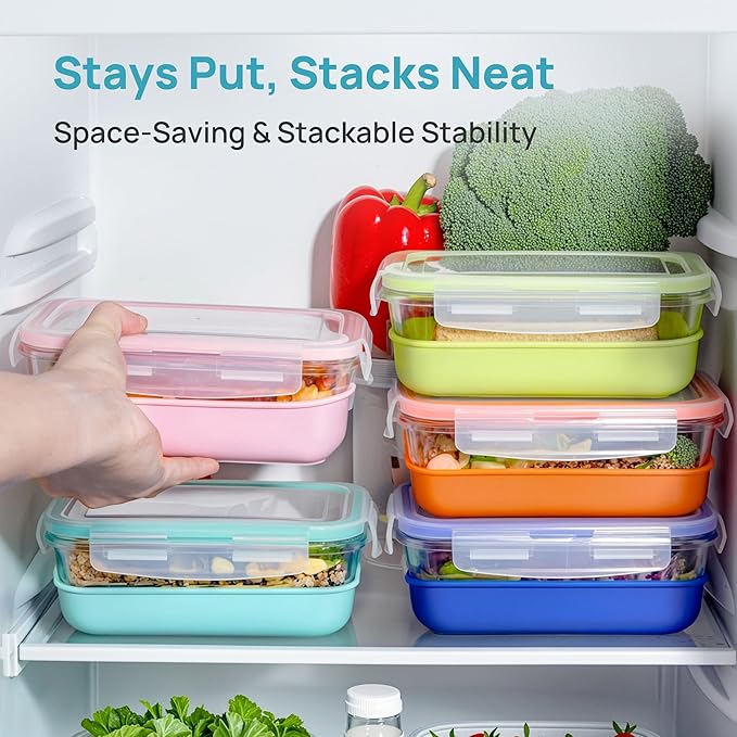 Vtopmart 5 Pack 28oz Glass Food Storage Containers Set with Silicone Sleeve，Glass Meal Prep Containers, Lunch containers with Airtight BPA-Free Plastic Lids, Dishwasher, Microwave, and Freezer Safe
