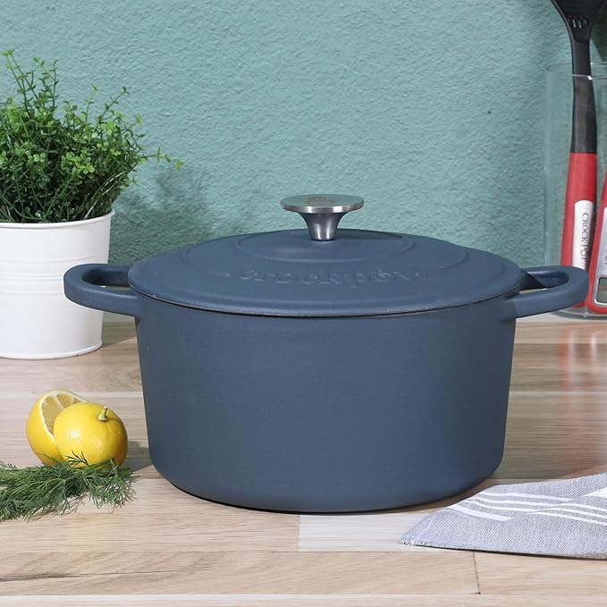 Crock-Pot Artisan 5-Quart Round European Enameled Cast Iron Dutch Oven with Lid – Matte Navy Blue, Durable Oven Safe Cookware