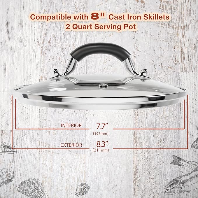 8 Inch Tempered Glass Lid Compatible with 8" Lodge Cast Iron Skillet and 2 Quart Serving Pots