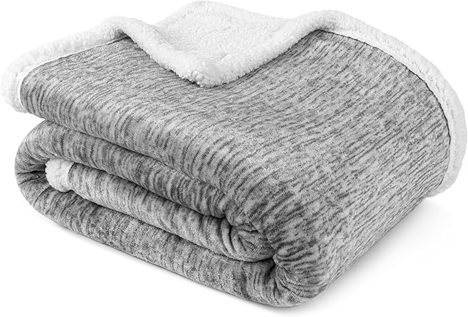 Premium Sherpa Melange Throw Blanket for Couch, Sofa by Pavilia | Soft, Fluffy, Plush, Warm, Cozy | Light Gray Fuzzy Lightweight Microfiber, Luxury Modern Reversible TV Blanket | 50 x 60 Inches