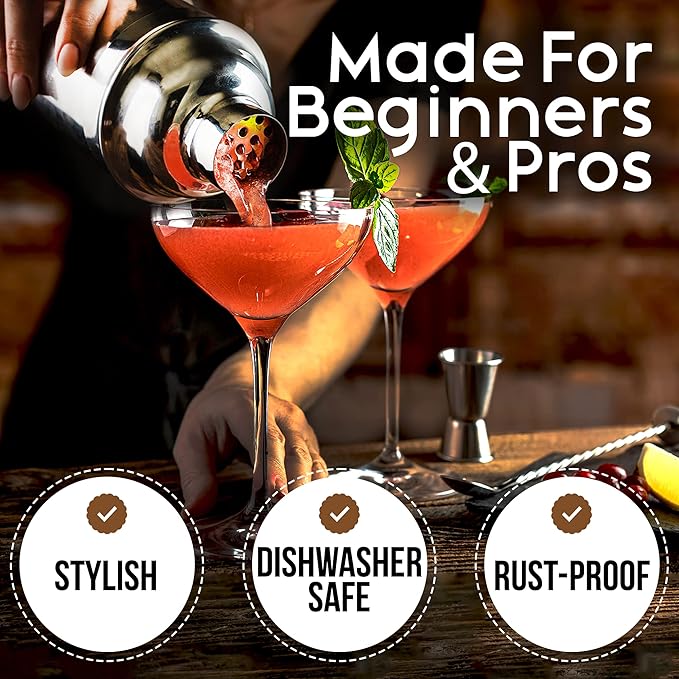 Cresimo 24oz Cocktail Shaker Set with Bar Accessories for Home Bar - Martini Shaker with Jigger and Drink Mixer Spoon - Alcohol Bartender Gift - Bartending Kit Essential for Home